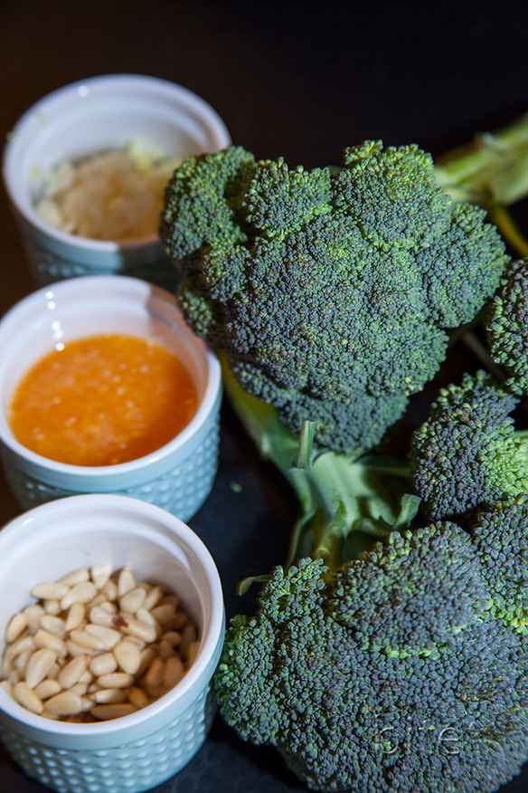 broccoli stir fried with orange, ginger and pine nuts